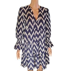 Pomander Place Tuckernuck Ikat Kenzo Dress Navy Blue Tiered Skirt Size S Boho